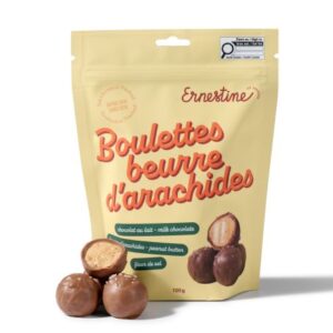 Emballage de boulettes au beurre d'arachides bien crémeux, enrobé d'une fine couche de chocolat au lait et saupoudré de fleur de sel. Produit de la chocolaterie Ernestine à Montréal.